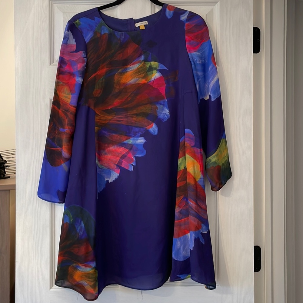 Leifsdottir royal blue dress with colourful brush stroke pattern. Size XS